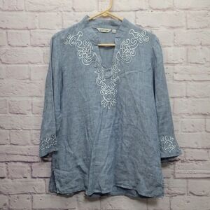 Orvis Embroidered Linen Tunic Top Size M Blue Coastal Popover Split Neck‎